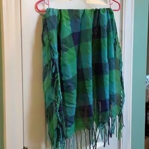 Plaid Green and Blue Scarf shawl fringed ends